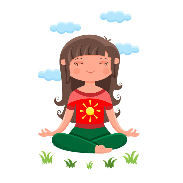 年轻的女孩冥想在思想放松坐在户外的草地上莲花的姿势被云包围图片下载