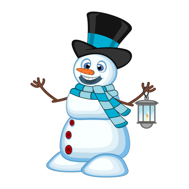 拿着灯笼，戴着帽子和蓝色围巾的雪人素材图片