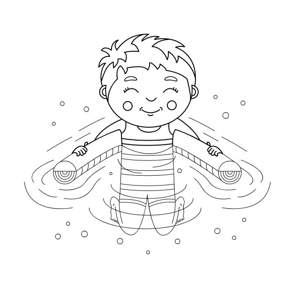 笑嘻嘻的十几岁的男孩在浮池上玩游泳面条辅助管配件，身体半浸在水里图片下载