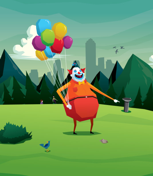 小丑气球公园，树木，户外，草，天空，山图片下载