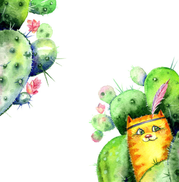 明信片上有一只躲在仙人掌花丛中的红猫。水彩框架在波西米亚风格。图片下载