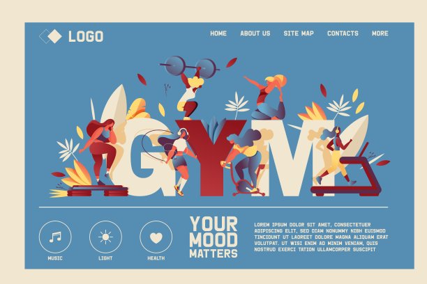 水平横幅或登陆页为体操或运动训练班。生动的人物做有氧运动，大字体育馆，绿色植物图片下载