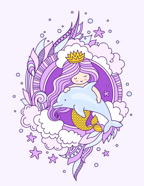 美人鱼，和海豚一起漂浮。美丽的紫罗兰色长发公主。图片下载