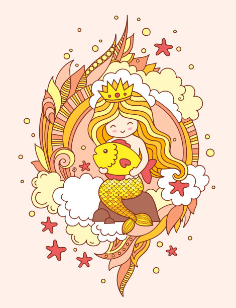 美人鱼，坐在一块石头上，抱着一条大金鱼。图片下载