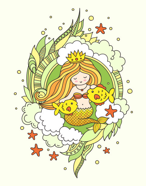 美人鱼有着美丽的金色长发和两条小鱼。图片下载