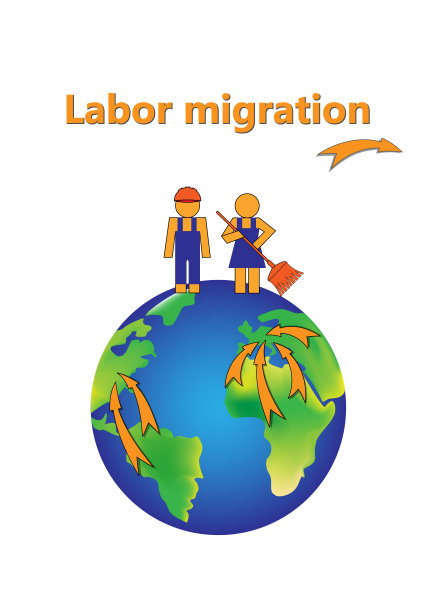 劳工移民海报，抽象的男人和女人是在地球上孤立的白色背景垂直矢量插图图片下载