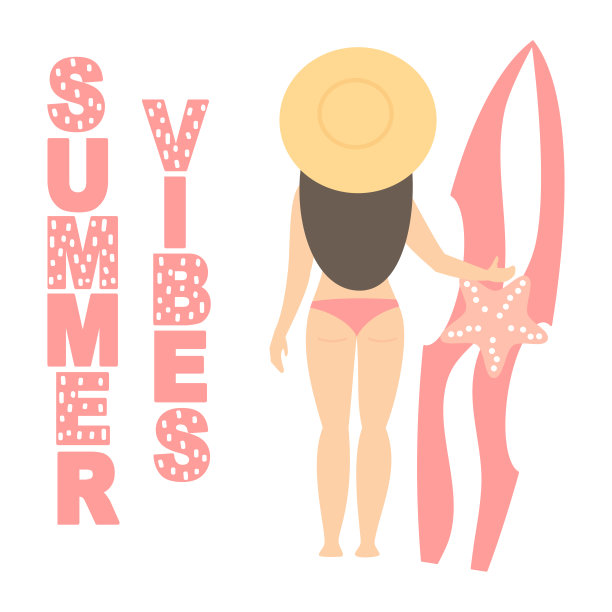 可爱的夏天氛围矢量卡与女孩持有一个冲浪板图片下载