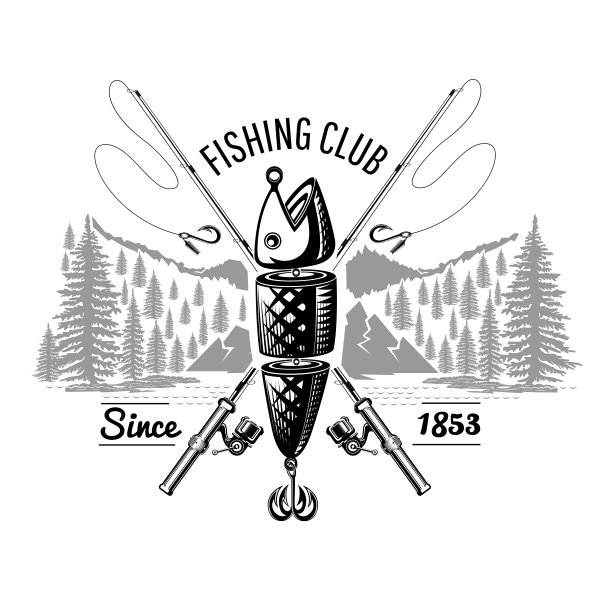 勺饵鱼与交叉鱼竿与景观雕刻风格。标签为钓鱼或垂钓店白色图片下载