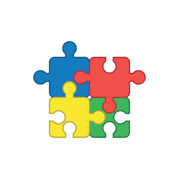 平面设计风格矢量概念四块拼图图标连接在白色上。彩色的轮廓。图片下载