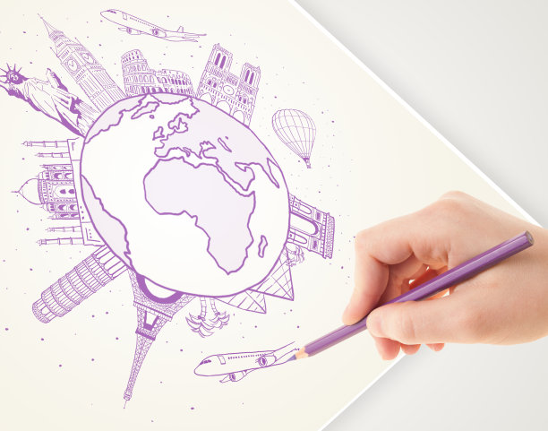 手绘假期旅行与地标和城市的地球周围图片下载