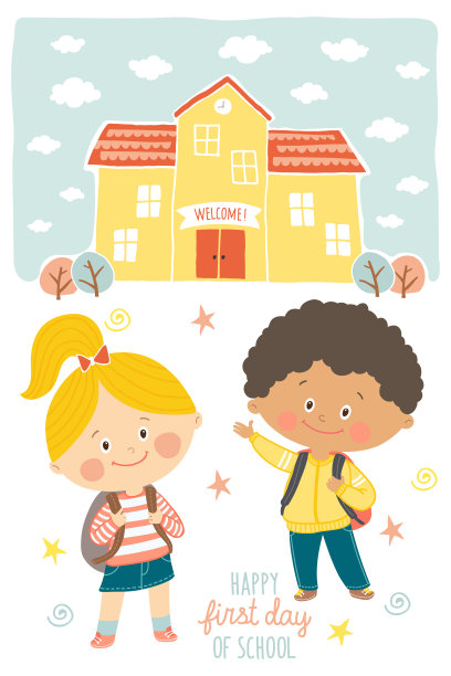 快乐的第一天学校卡片设计。孩子们去上学。穿着校服背着书包微笑的男孩和女孩在校园里。学校建筑外部。卡通矢量插图在平面风格。图片下载