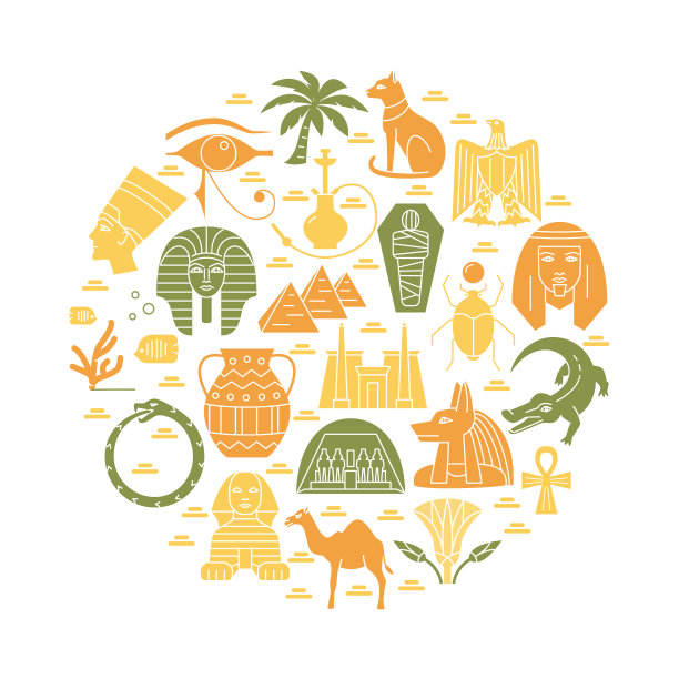 圆形旗帜与埃及标志在平坦的风格图片下载