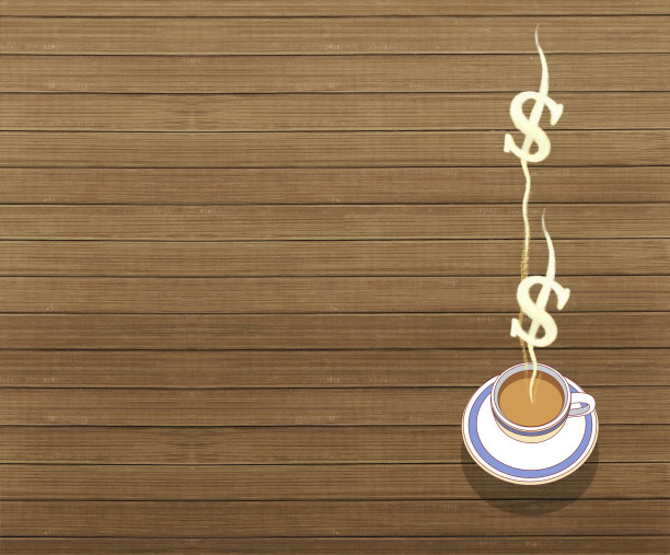 一杯有蒸汽的咖啡，在一张竹桌子的背景上有一个美元符号。图片下载