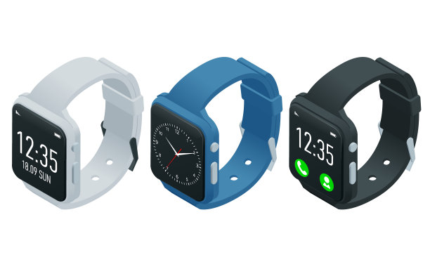 运动员智能手表或健身手环。等距智能手表孤立在白色。智能手表反射在白色的表面。智能iwatch彩色屏幕上的手表图标。图片下载