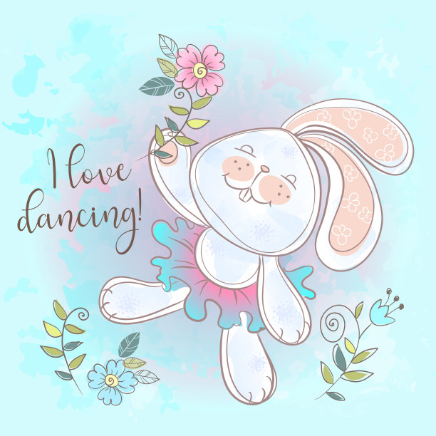 有趣可爱的兔子跳舞。我爱跳舞。铭文向量图片下载