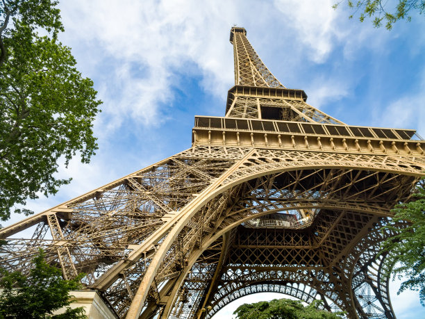 巴黎雄伟的象征——埃菲尔铁塔。在塔的底部设计了公园，有小路和池塘。照片是用鱼眼镜头拍摄的图片下载