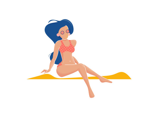 夏季海滩女孩日光浴矢量插图。性感漂亮的女孩或女人坐在沙滩上，穿着比基尼泳装和墨镜。图片下载