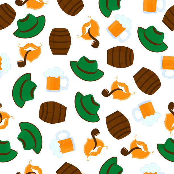 一大杯泡沫啤酒。绿色的帽子。男性的胡子。吸烟管。啤酒节。无缝模式图片下载