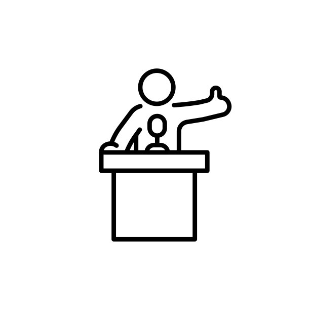男子在讲坛后面用麦克风做了手势。辩论概念图标大纲。图片下载