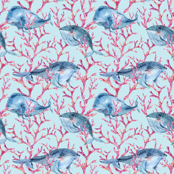 水彩蓝鲸无缝图案与红珊瑚，航海的纹理，海洋动物插图在蓝色的背景图片下载