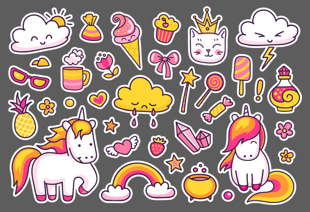 可爱的独角兽与魔法元素，彩虹，云彩，星星，心。一套贴纸，补丁，徽章，别针，孩子的照片。图片下载