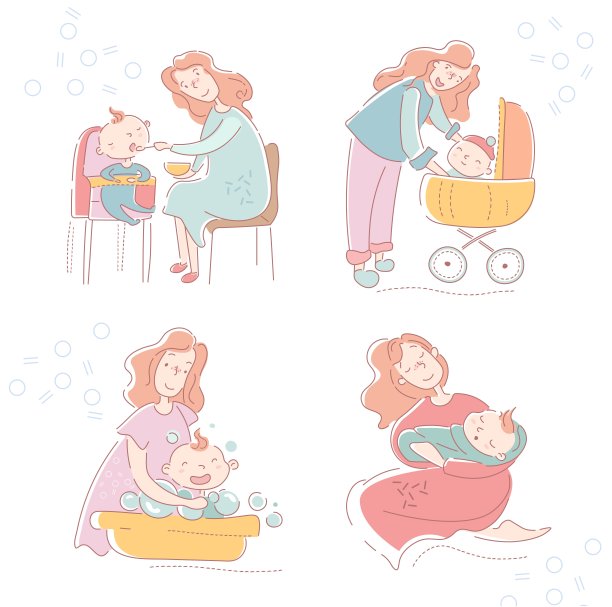 四幅慈爱的母亲和婴儿的素描，展示了母亲的各个方面，养育和照顾孩子的喂养时间，在婴儿车里散步，洗澡和睡觉图片下载
