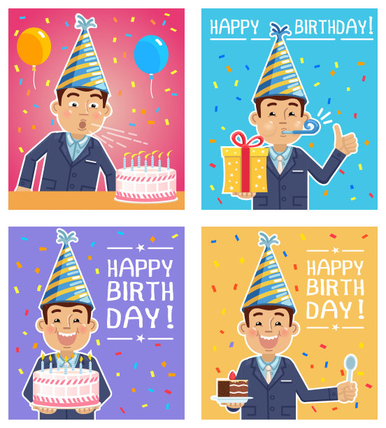 矢量插图的四个不同的生日海报与一个商人。一套生日贺卡。快乐的商人庆祝生日图片下载