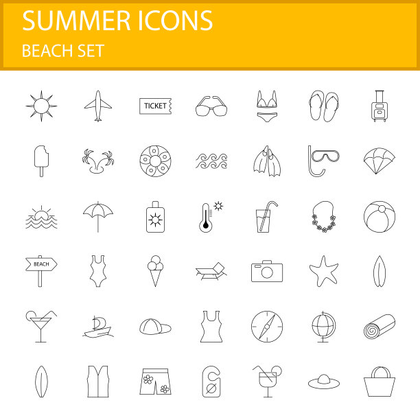 夏季偶像大集合。海滩上的概念。现代线条图标用于网页设计。图片下载