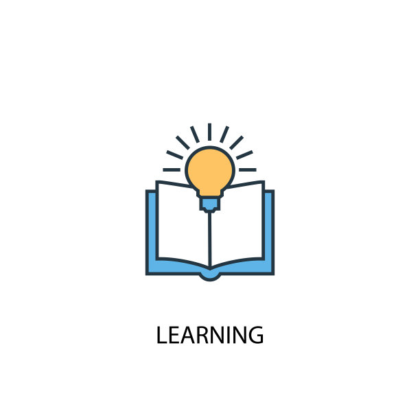 学习概念2彩色线条图标。简单的黄色和蓝色元素插图。学习概念轮廓符号设计图片下载