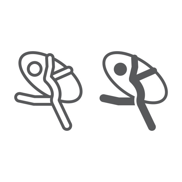 艺术体操线和字形图标，运动和杂技演员，艺术体操标志，矢量图形，白色背景上的线性图案。图片下载