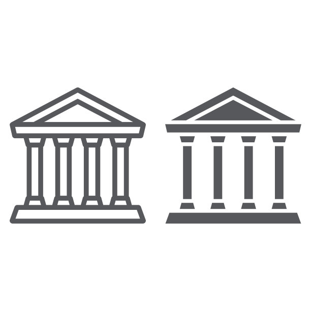 银行线和字形图标，建筑和建筑，法院标志，矢量图形，白色背景上的线性模式。图片下载