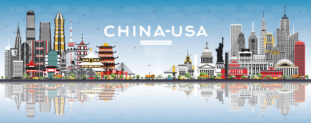 中国和美国的灰色建筑，蓝天和倒影的天际线。素材图片