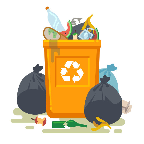 满溢的垃圾桶。垃圾桶里的食物垃圾散发着难闻的气味。垃圾场与垃圾回收矢量孤立概念图片下载