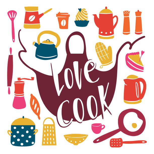 厨房设备涂鸦风格。不同的烹饪工具。欢快明亮的平面风格的插图图片下载