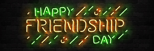 矢量现实孤立的霓虹灯快乐友谊日标志模板装饰和模型覆盖在墙壁背景。图片下载