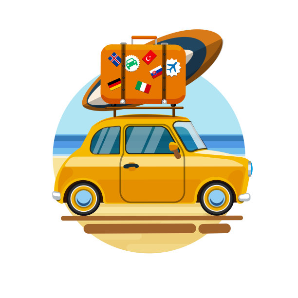海边的车，白色背景上放着行李图片下载