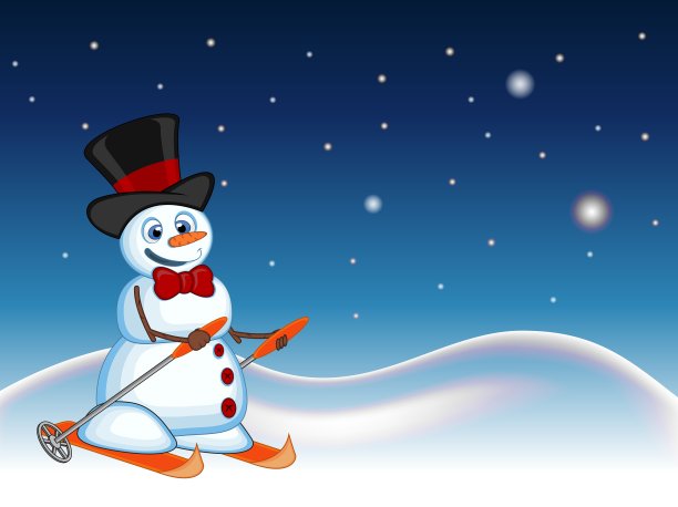 雪人戴着帽子，打着领结，在星星、天空和雪山的背景下滑雪图片下载