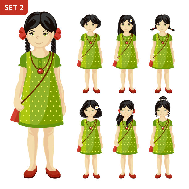 收集不同发型的可爱小女孩。全身像。图片下载