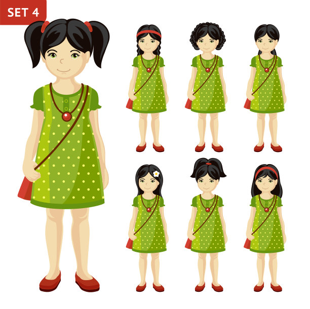 收集不同发型的可爱小女孩。全身像。图片下载