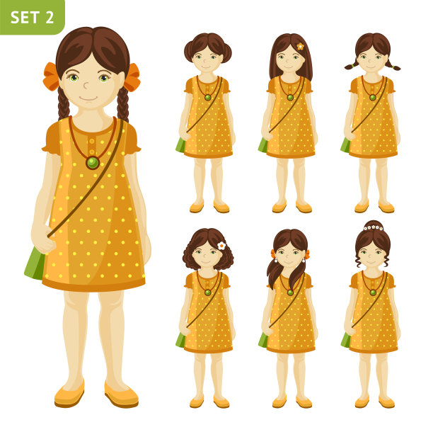 收集不同发型的可爱小女孩。全身像。图片下载