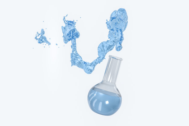 化工设备瓶子和飞溅液体，3d渲染。图片下载