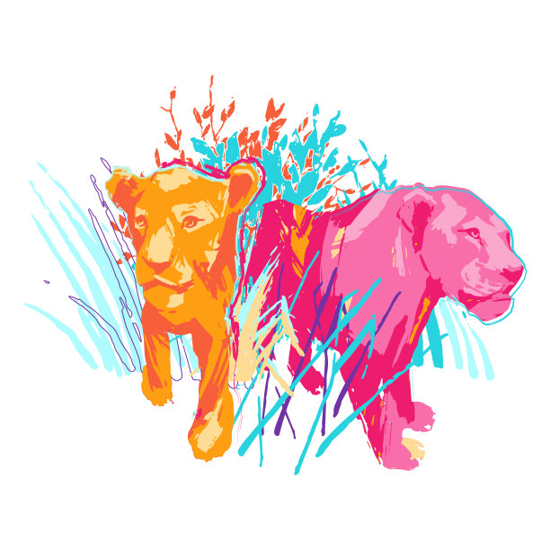 两只雄狮站在草丛和灌木丛中图片下载