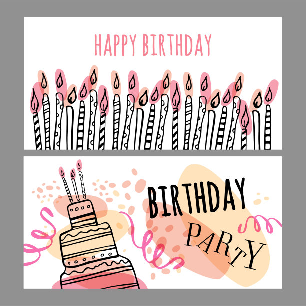 一套两个生日卡矩形设计模板。手绘卡通矢量草图插图图片下载