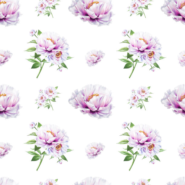 美丽的白牡丹无缝图案。束鲜花。花卉无休止的纹理。标记图。素材图片