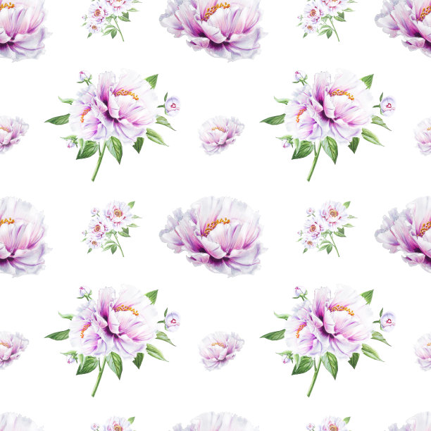 美丽的白牡丹无缝图案。束鲜花。花卉无休止的纹理。标记图。素材图片