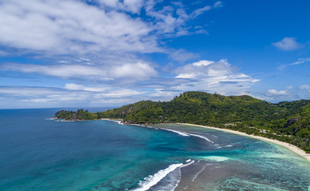 热带海滩，有大海和棕榈树，无人机拍摄。海滩和海边的照片。浪漫的海滩鸟瞰图。图片下载