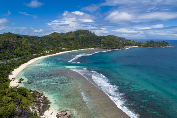 热带海滩，有大海和棕榈树，无人机拍摄。海滩和海边的照片。浪漫的海滩鸟瞰图。图片下载