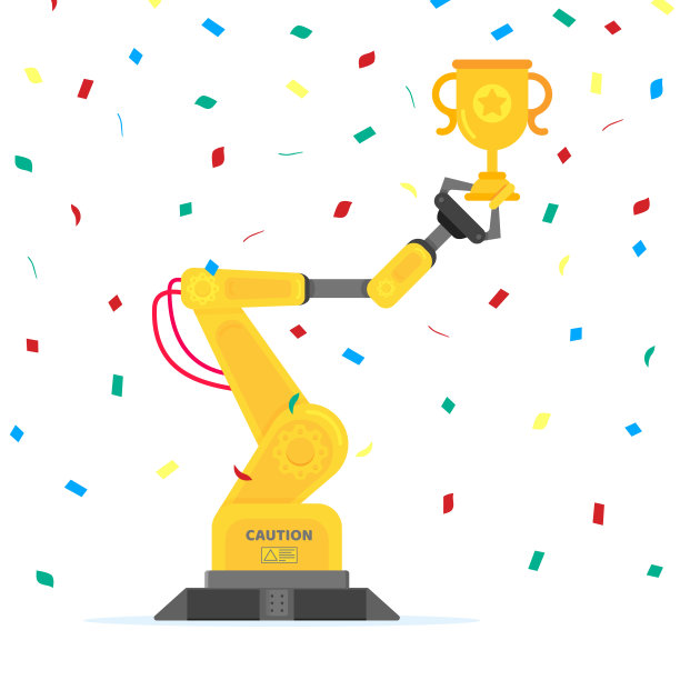 机械臂平面风格设计矢量插图图标标志孤立在五彩纸屑背景。机器人手臂或手捧奖杯。工业机器人机械手。现代智能工业4.0技术。图片下载