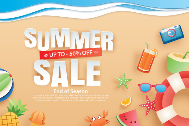 夏季销售与装饰折纸海滩背景。纸艺术和工艺风格。矢量图的冰淇淋，西瓜，太阳镜。图片下载