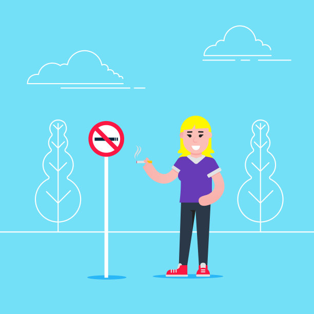 女孩吸烟附近没有吸烟标志平面风格矢量插图孤立在浅蓝色背景。禁止吸烟区的概念。图片下载